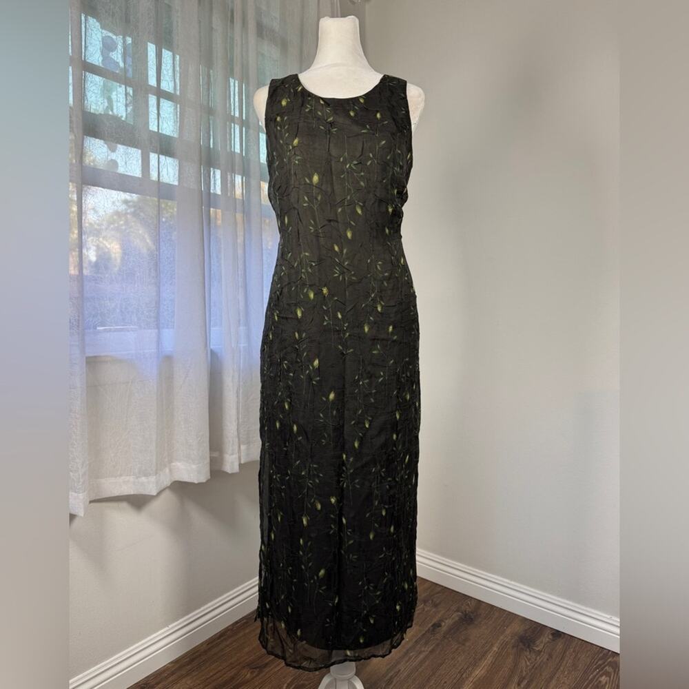 Vintage Y2K S.L. Fashions Black & Green Floral Print Sleeveless Maxi Dress